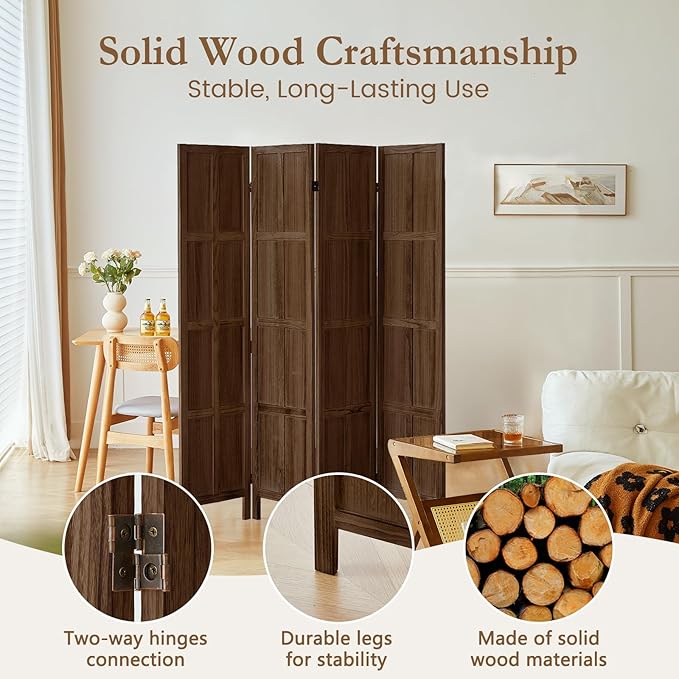 4 Panel Room Divider, 5.6Ft Wood Room Dividers and Folding Privacy Screens, Room Divider Wall Freestanding Room Partitions, Room Dividers Screen for Home Office Bedroom, Dark Brown