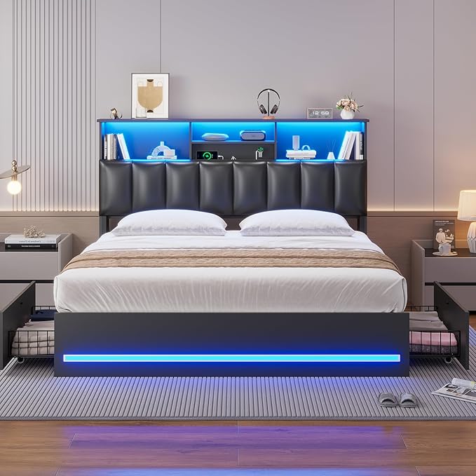 AOGLLATI Full Bed Frame with Stylish Bookcase Headboard & Charging Station & LED Lights,Full Size Bed Frame with 4 Storage Drawers and Metal Slats, No Box Spring Needed,Black