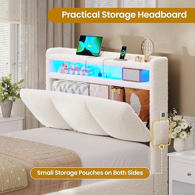 VIAGDO Twin Bed Frames with Storage Headboard and Charging Station, Boucle Upholstered Bed Frame Twin Size with 4 Drawers and LED Lights, Type C and USB, No Box Spring Needed, Cream White