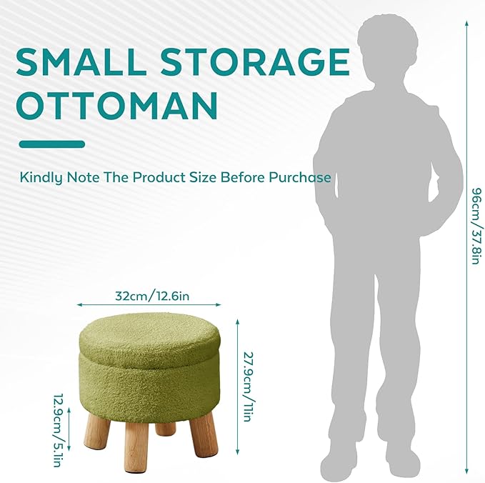 FIMIVIBI Small Foot Stool Ottoman with Storage, Sherpa Ottoman Foot Rest for Couch, Round Footstool with Storage, Small Ottomans and Footstools for Living Room and Entryway (Bright Green)