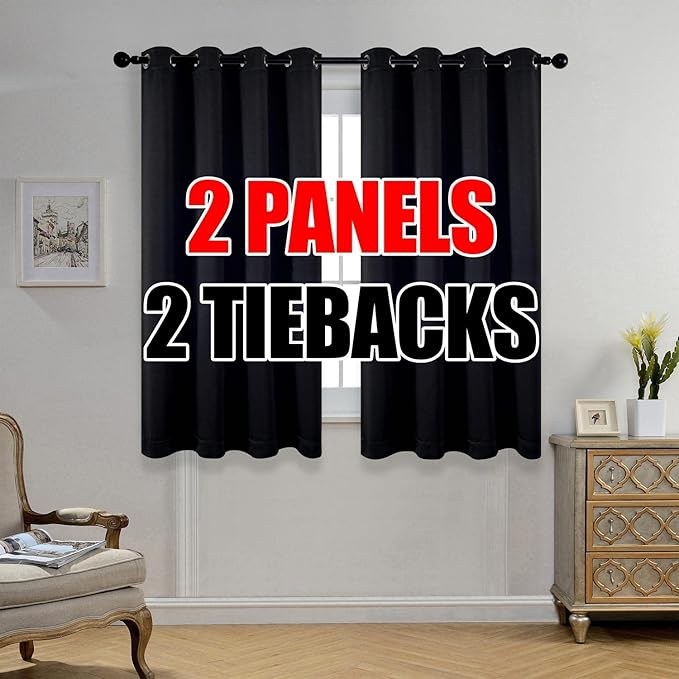 MIUCO Room Darkening Grommet Thermal Insulated Blackout Window Curtains Panels for Gilrs Room Window 1 Pair 52x63 Inch Black, Bonus 2 Tie Backs Included