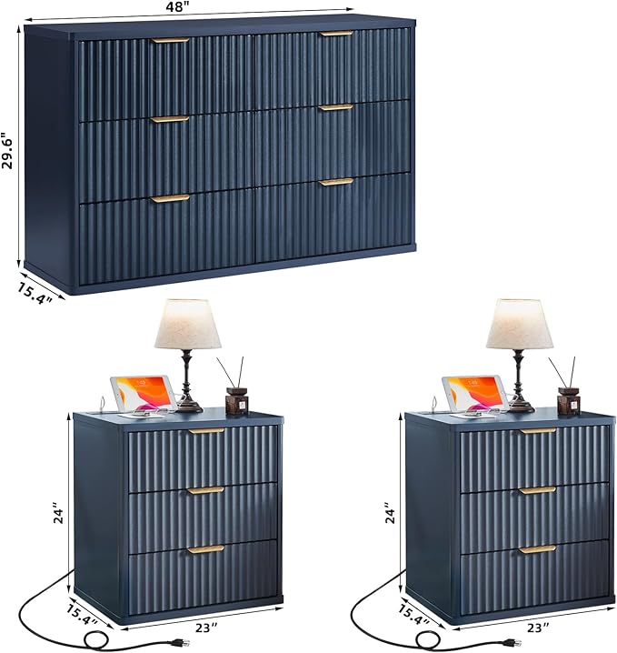 LEYAOYAO 48" Wide Fluted Dresser and 3 Drawers 23" Nightstand Set of 2, Wooden Dresser & Night Stand with Charging Station, 3 Piece Bedroom Furniture Set, Chest of Drawer for Living Room,Navy Blue
