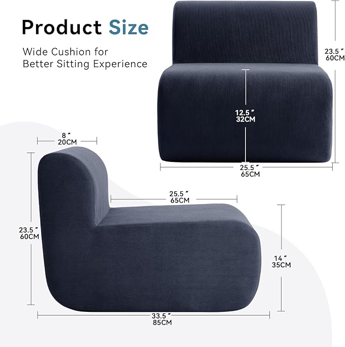 Single Boneless Chairs,Fireside Beanbag Chair Upholstered Cloud Sofa Chair,Corduroy Floor Couch Boneless Couch for Living Room,Memory Foam Lounge Chair for Bedroom,Deep Blue