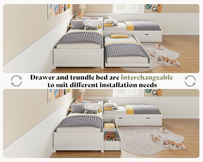 AMERLIFE L-Shaped Twin Trundle Bed with Flip-Top Storage Desk, Space-Saving Solid Wood Platform Bed Frame, White Finish, Multi-Functional Twin Bed for Kids and Families