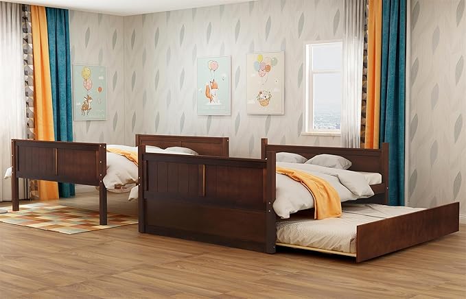 Upgraded Version Best Full Over Full Bunk Bed with Trundle, Thicken Solid Wood Full Size Bunk Bed, Bunkbed Frame Full Over Full, Convertible to 2 Beds, Easy Assembly for Adults (Walnut)