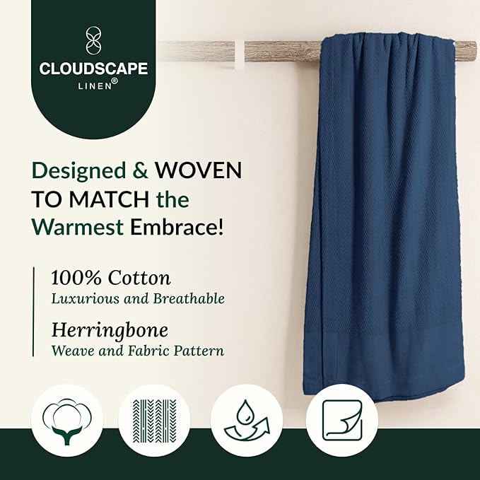 Cloud Scape Linen 100% Cotton Blanket Twin 68x92 Ensign Blue - Cozy Herringbone Weave, Fits Up to Twin XL Size Beds, Breathable Softness, All-Season Warmth, Winter Blanket, Bedding Gift Choice