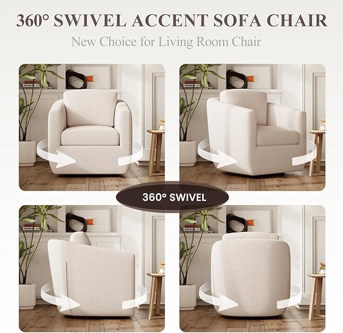 360° Comfy Swivel Accent Armchair with Pillow - Fully Assembled Living Room Single Sofa No-Sag Foam & Sturdy Metal Base, Swivel Accent Chair for Bedroom Living Room, Office, Beige