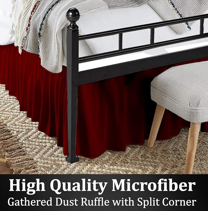 Ruffled Bed Skirt with Split Corners, Burgundy, King 14 Inch Drop Bedskirt, Hotel Quality Brushed Microfiber Wrinkle Free Dust Ruffle Bed Skirt King Size