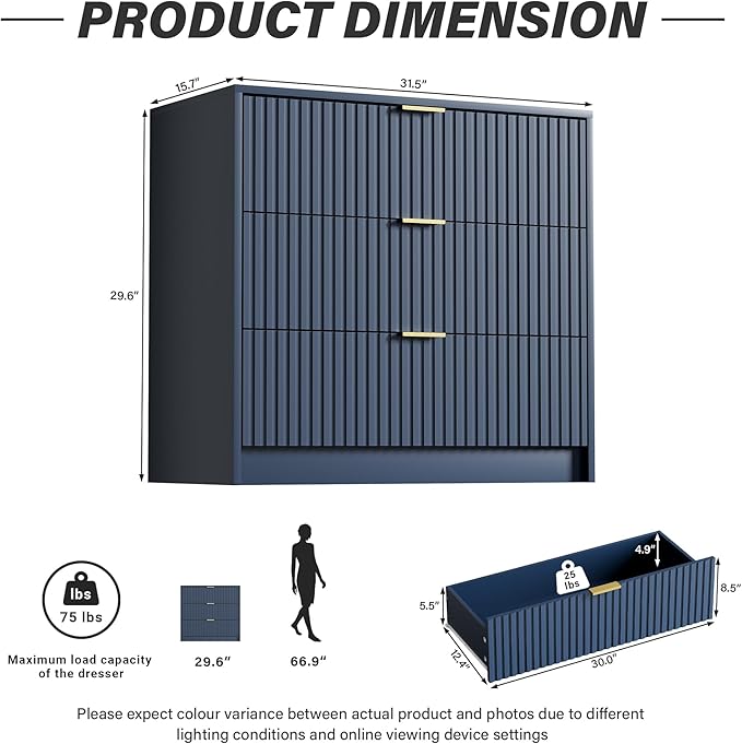 Navy Blue Dresser for Bedroom, Modern Dresser with 3 Drawers and Smooth Slides, Wide Chest of Drawers with Golden Handles for Bedroom, Living Room, Closet, 15.7" D x 31.5" W x 29.6" H