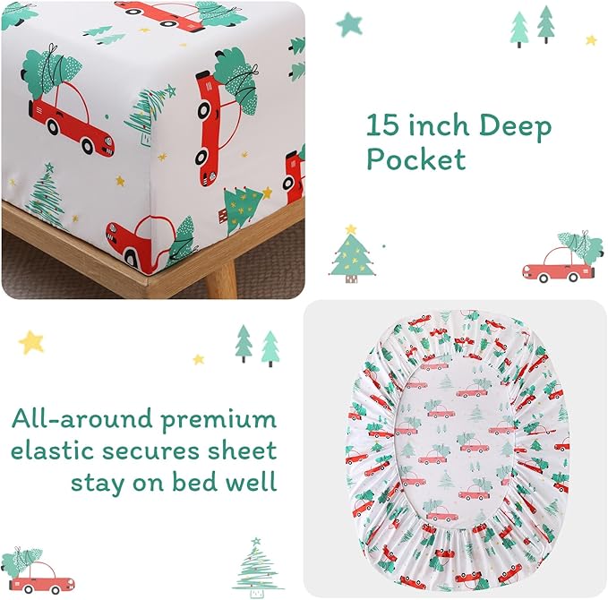 JSD Red Cars Christmas Kids Sheet Set Twin Size, 3 Piece Soft Holiday Printed Microfiber Bed Sheets Deep Pocket