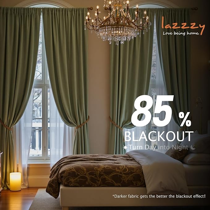 Lazzzy Velvet Blackout Curtains Thermal Insulated Room Window Drapes Super Soft Luxury Curtains for Living Room Bedroom Rod Pocket 2 Panels, Olive Sage, 52" W x 84" L