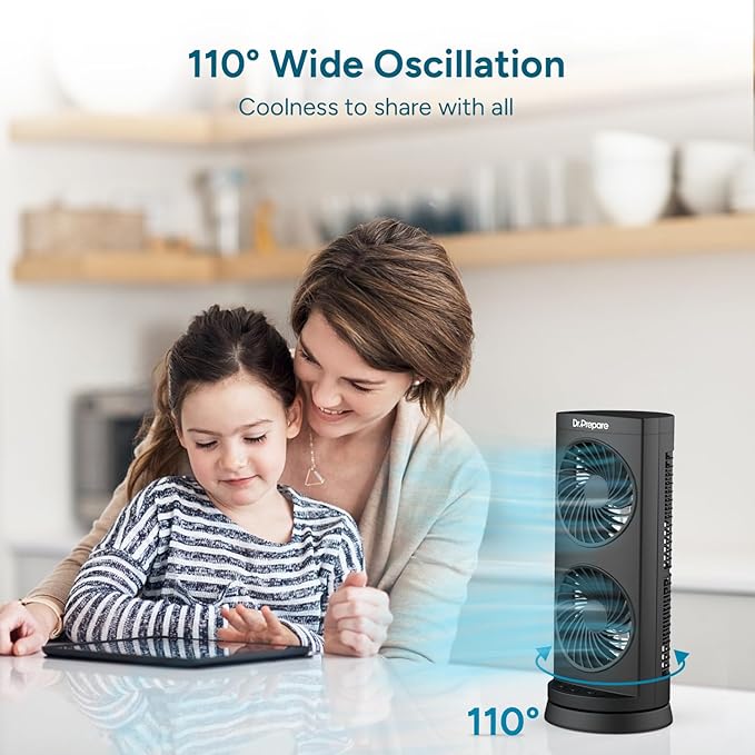 Dr. Prepare Tower Fan Oscillating Fan, Portable Desk Fan with 3-Speed Options, Dual Air Circulation, 110° Oscillation, 3 Timers, Personal Quiet Table Fan for Home Office Desktop Bedroom, 13 inch