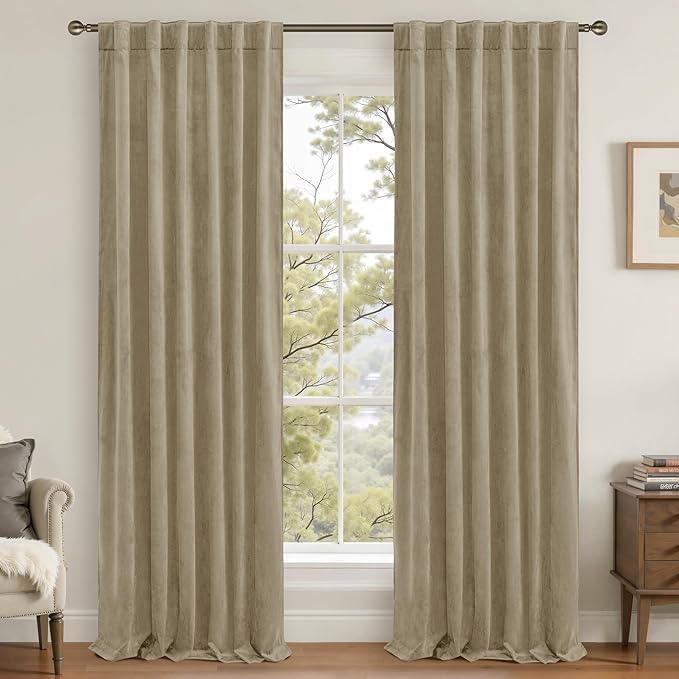 LAMIT Dark Taupe Velvet Curtains for Living Room, 108 Inch Thick Room Darkening Drapes Room Decor Back Tab and Rod Pocket Thermal Panels for Bedroom/Farmhouse, 2 Panels, 52 x 108 Inch
