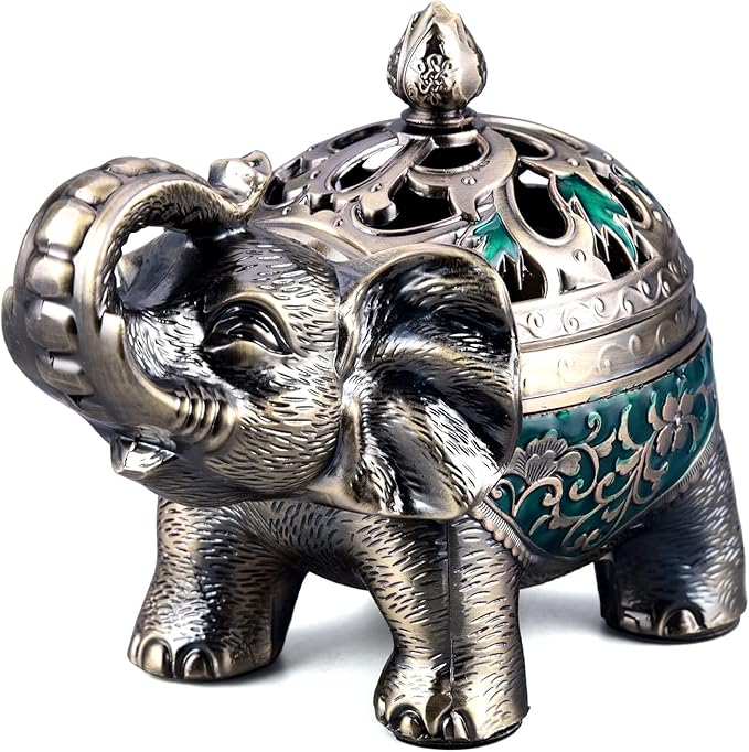 K COOL Metal Backflow Incense Holder Elephant Cone Incense Burner Candle Holder with Lid, Aromatherapy Ornament Home Office Decoration for Indoor Outdoor (Green)