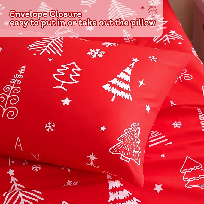 JSD Red Christmas Tree Kids Sheet Set Full Size, 4 Piece Soft Printed Microfiber Sheets Deep Pocket