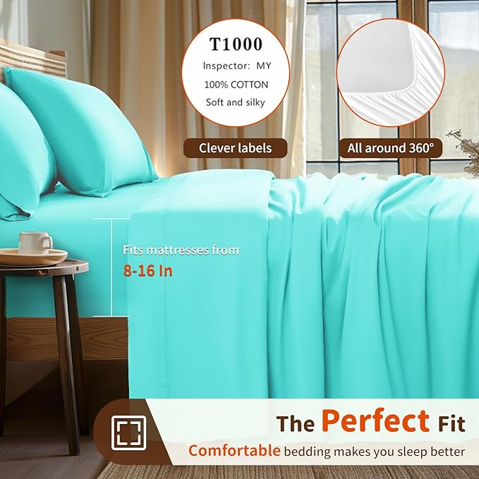 LBRO2M 1000 Thread Count 100% Egyptian Cotton Sheets Set Twin XL, 3 Piece Sets Bed Sheet Deep Pocket Sheet Set 16" Soft Comfortable All Season (Twin XL, Lake Green)