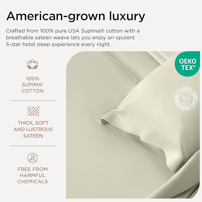 Threadmill 100% Supima Cotton Sheets, 1200 Thread Count Cotton for Cal King Size Bed, 4 Pc Ivory Cal King Bed Sheets Set, 5-Star Hotel Quality with Elasticized Deep Pocket King Sheets