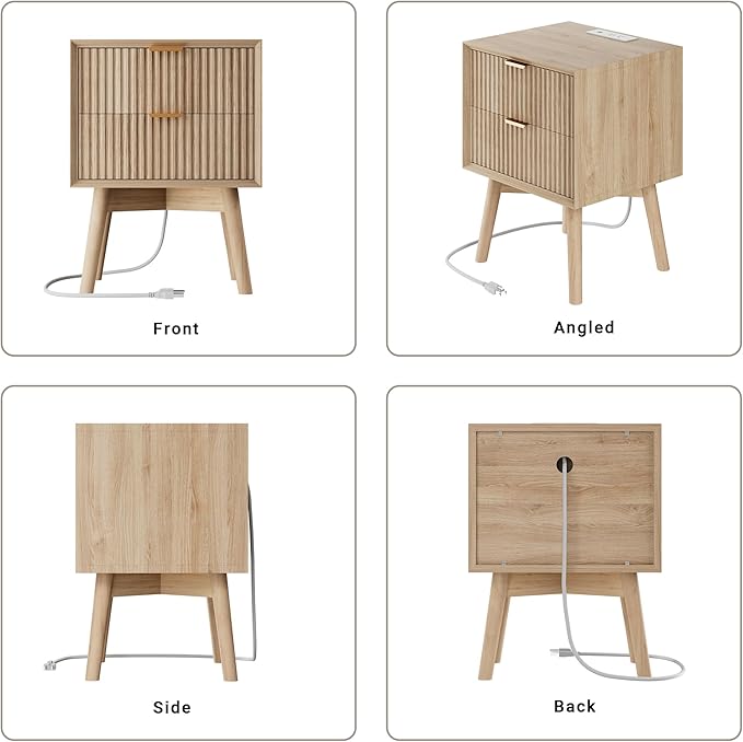 Fluted Nightstand, Night Stand Set 2, Modern Nightstands Set of 2 with Beveled Edge & Solid Wood Legs, 2 Drawer End Table with Charging Station, Wooden Bedside Table for Bedroom,Natural Oak