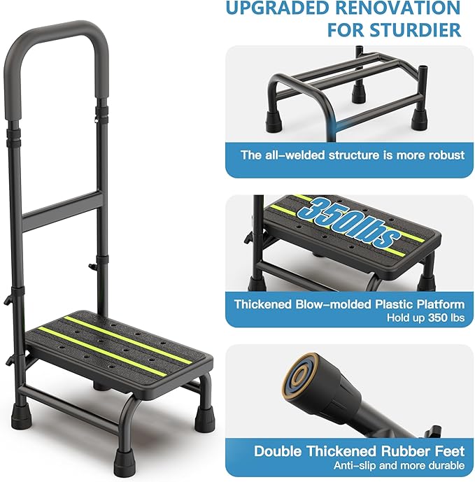 Packve Step Stool with Handle for Elderly, Non Skid Platform & Adjustable Handrail, Medical Stepping Stool for High Bed Mobility & Daily Living Aids, Bedside Car Stair Lift for Senior Adults 350lbs