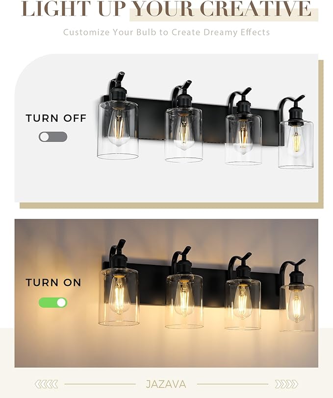 4-Light Black Bathroom Light Fixture Over Mirror, Modern Vanity Light, Clear Glass Wall Sconce, VL01BK-4