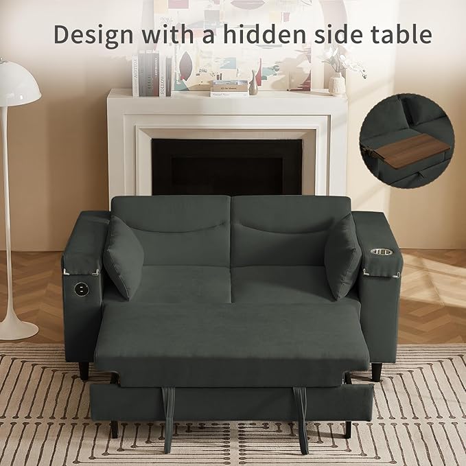 66" Multi-Functional Pull-Out Sofa Bed with Hidden Side Table, Storage Armrests, Built-in Charging Port, Spring Mattress, Solid Wood Frame – Ideal for Small Spaces, Easy Assembly