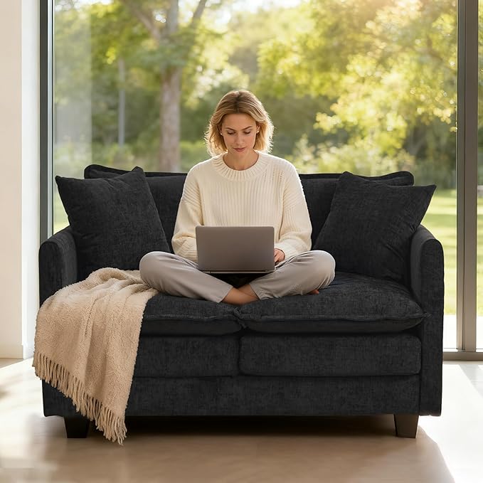 Loveseat Sofa Cloud Sofa Couch 50'', Modern Loveseats 2 Seat Couch 27" Deep Seat with 2 Pillows for Small Spaces Apartment Studio Office Bedroom Living Room 8834-BLACK