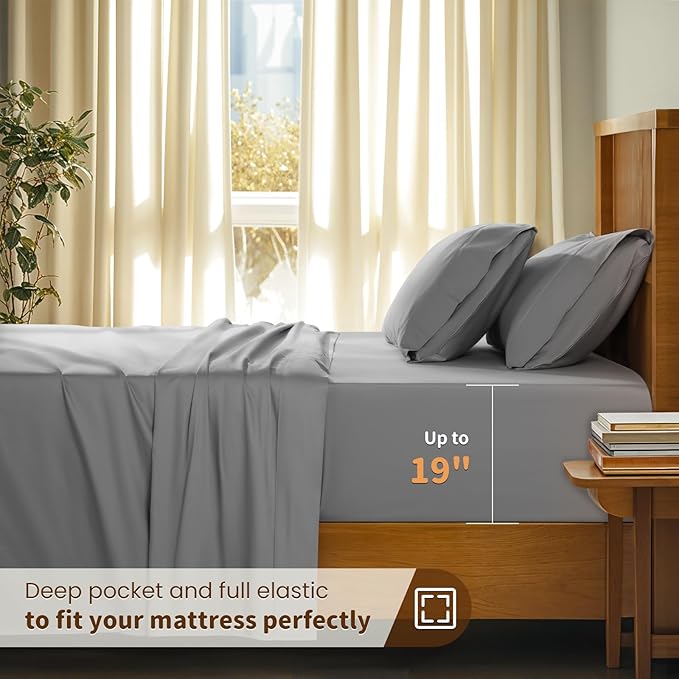 LBRO2M 100% Cotton Sheets Set Deep Pocket 19", 1000 Thread Count Full Size 4 Piece Bed Sheet Sets Soft Comfortable Bedding All Season (Full, Gray)