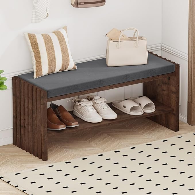 BON AUGURE Shoe Bench with Storage, Entryway Bench with Cushion & 2-Tier Shoe Rack, Modern Ottoman Storage Bench for Mudroom, Hallway, Bedroom (Rustic Oak, 40 Inch Wide)