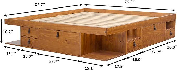 memomad Bali Storage Platform Bed with Drawers (King Size, Oak Brown Wood)