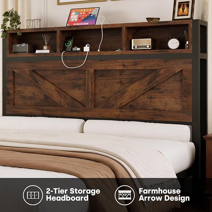 Farmhouse Queen Bed Frame with Bookcase Storage Headboard, Charging Station, LED Light and 2 Storage Drawers, Noise Free, No Box Spring Needed, Brown