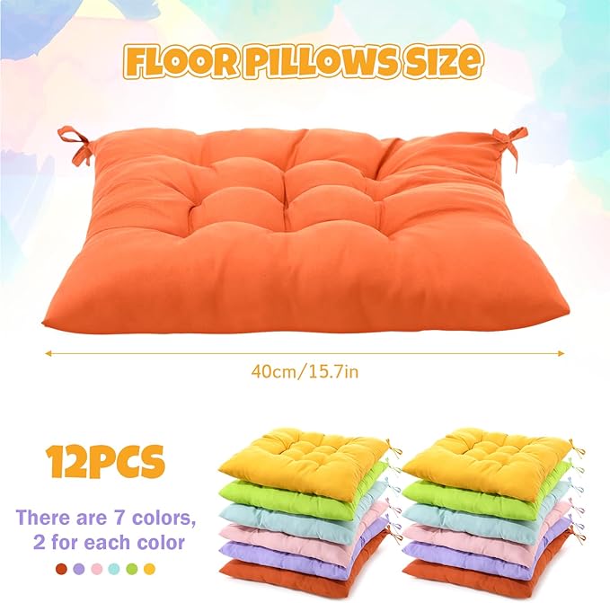 Geetery 12 Pcs Floor Pillows for Classroom Bulk Square Seating Cushions for Floor Chair School Kindergarten Reading Corner, 15.7'' Large Thick Meditation Cushions Yoga Nursery Daycare (Candy Color)