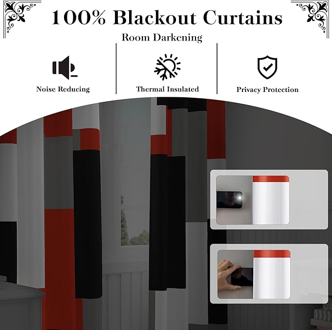 Red Black 100% Blackout Curtains for Bedroom 96 inch Length 2 Panels Set White Grey Modern Abstract Geometric Black Out Curtains Insulated Room Darkening Window Drapes for Living Room, 42Wx96L