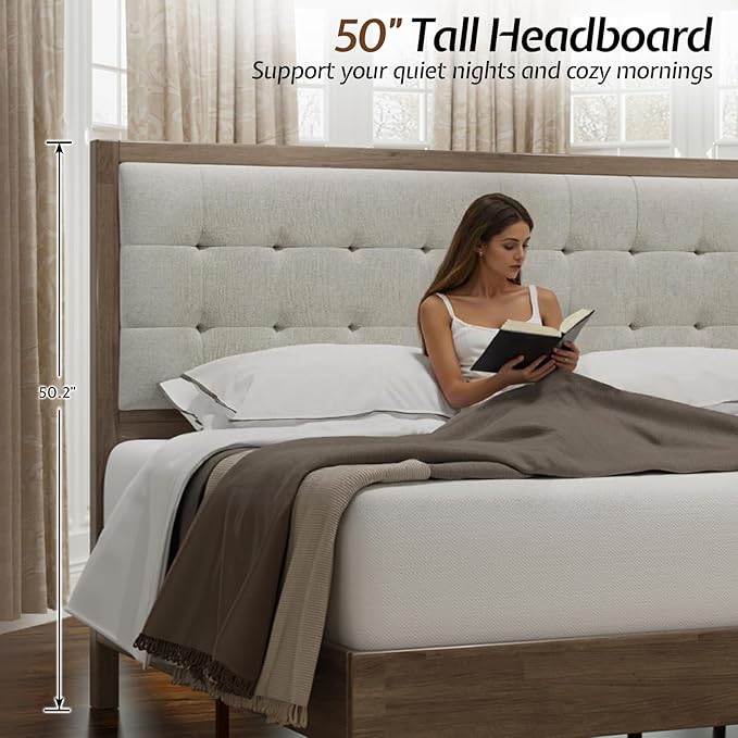 Jocisland Wood Queen Size Bed Frame,Tall Upholstered Tufted Headboard, Solid Wood Platform, No Box Spring Needed, Ash Gray
