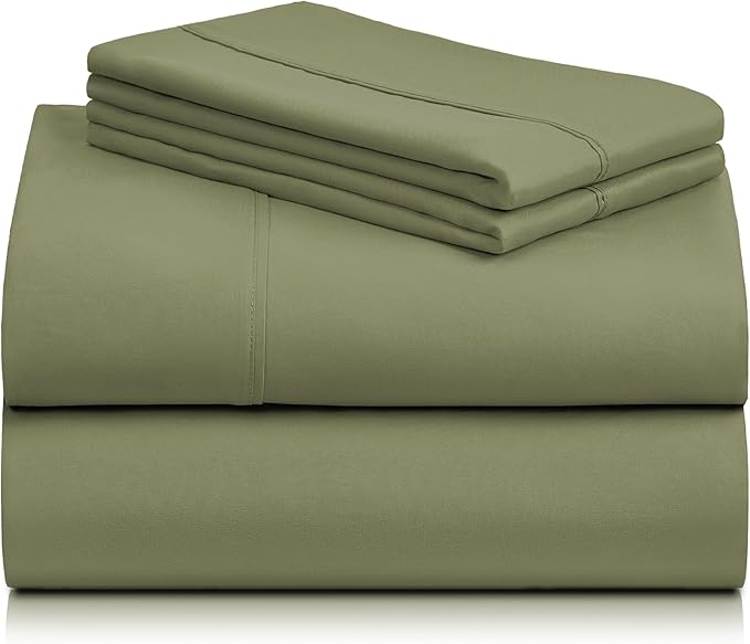 LuxClub 4 PC King Sheet Set, Deep Pockets Wrinkle Free Cooling Bed Sheets Hotel Bedding for Women, Men, Includes 1 Fitted Sheet, 1 Flat Sheet and 2 Pillowcases-Soft Olive