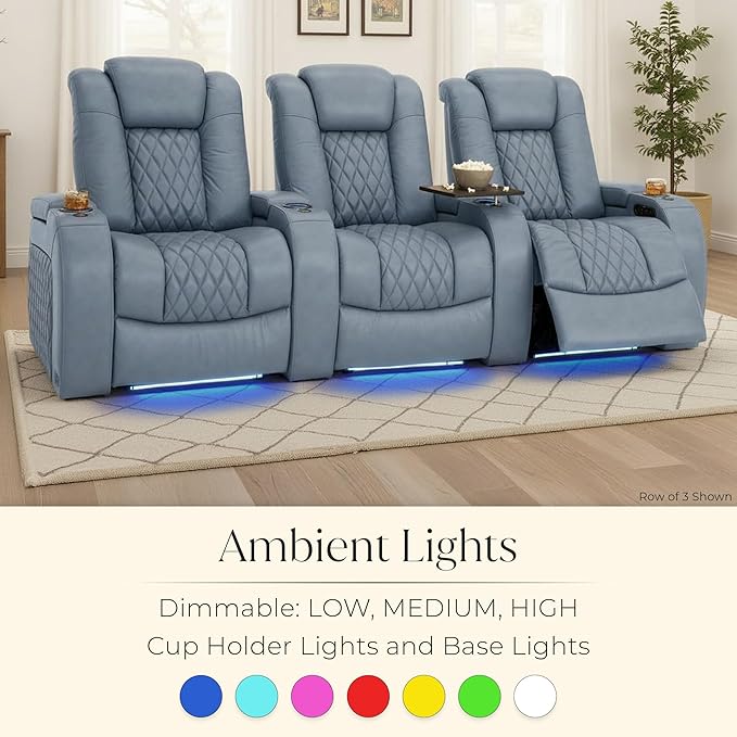 Seatcraft Diamante Zero-Gravity CoolZero Italian Leather Home Theater Seating, Power Headrest, Power Recline, Row of 5 Left Loveseat, Smokey Blue