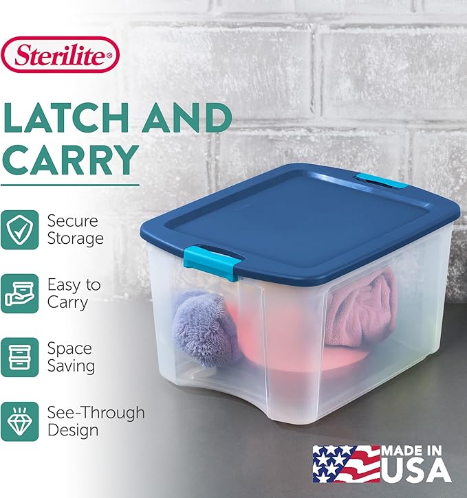 Sterilite 18 Gal Latch and Carry, Stackable Storage Bin with Latching Lid, Plastic Container to Organize Closets, Clear with Blue Lid, 6-Pack