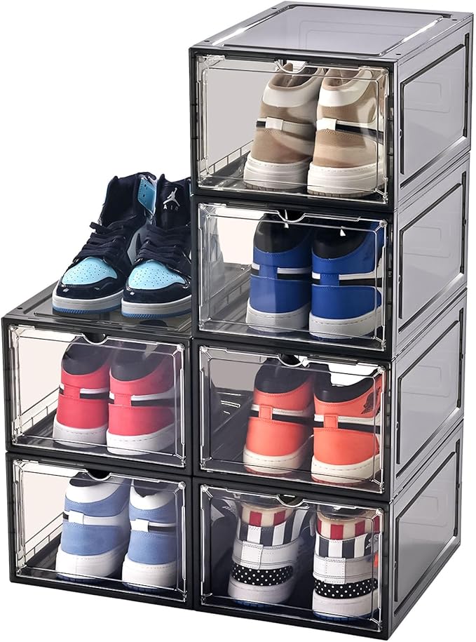 KEFA XL Shoe Storage Box, 6 PACK Shoe Boxes Clear Plastc Stackable Organizer, Clear Plastic Shoe Boxes Fit for US 15 (6 PACK BLACK)