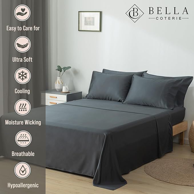 Bella Coterie 7 Piece Luxury Bamboo Viscose Split King Size Sheet Set | 2 Fitted Sheets for Adjustable Beds | 100% Organically Grown | Cooling for Hot Sleepers | 4 Pillowcases [Charcoal Grey]