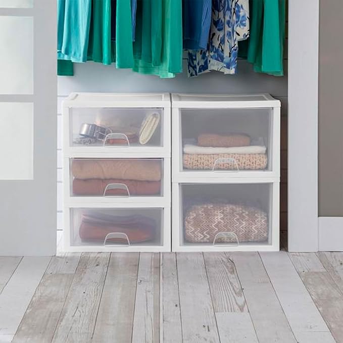 Sterilite 27 Qt (4 Pack) and 16 Qt (6 Pack) Clear Plastic Stackable Organizer Drawers, White