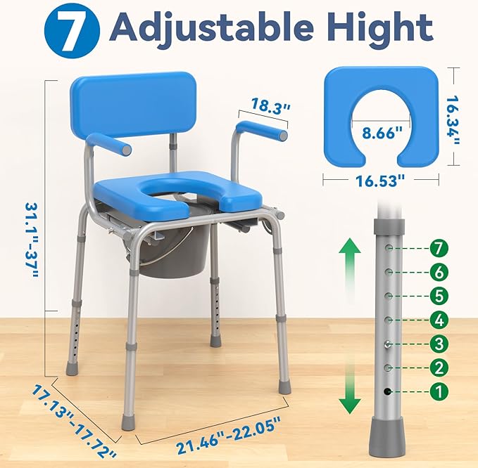 Drop Arm Bedside Commode with Linners, Commode with Padded Seat and Backrest, 500lbs Capacity, 5.81QT Removable Bucket, Adjustable Height Portable Toilet for Adults, Blue