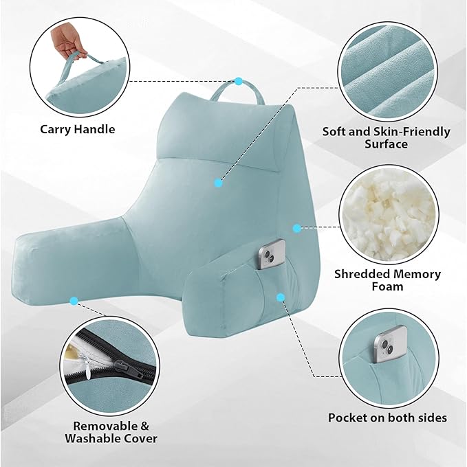 IPYNBAP Back Pillow for Bed Sitting up, Reading Pillow for Sitting in Bed Adult, Back Support Pillow, Memory Foam Sit up Lounge Backrest Pillow with Arms for TV, Couch, Chair, Dorm, 18 Inch, Lake Blue