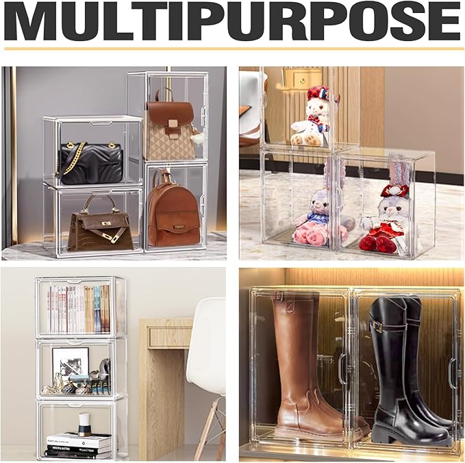 XX-Large Acrylic Display Case 11.4'' x 9.8'' x 15.3'', Boot Boxes for Tall Boots Size 15, Large Sneaker Shoe Box Clear Stackable Storage Boxes for Collectibles Handbag Organizer with Magnetic Lids