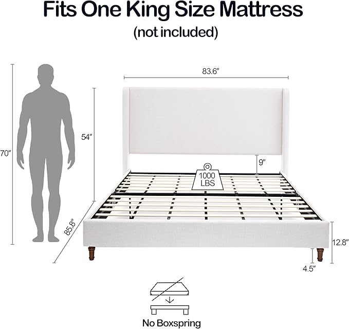 King Size Upholstered Bed Frame, Harper 54" Tall Headboard Platform Beds, Wingback Headboard Bedframes/No Box Spring Needed/Easy Assembly/Elegant Simplicit, Ivory Chenille
