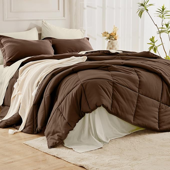 JOLLYVOGUE Queen Comforter Set, Ultra-Soft Bed in a Bag Queen Size 7 Pieces, Oeko-TEX Certified Bedding Set with Down Alternative Comforter, Sheets, Pillowcases & Shams, Brown & Beige