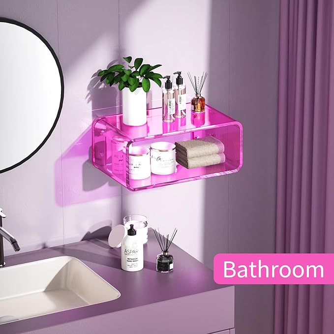 Acrylic Floating Nightstand, Bedside Table, Nightstand Shelf Wall Mounted Bedside Shelf (Pink, Small)