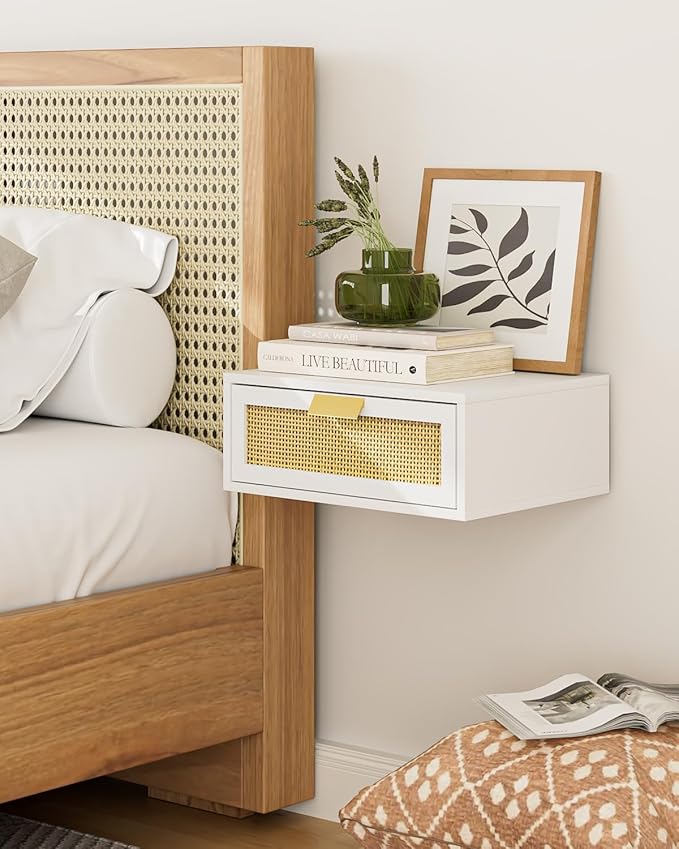 Floating Nightstand, Floating Shelf with Drawer, Wall Mounted Nightstand, Floating Bedside Table (White Rattan)