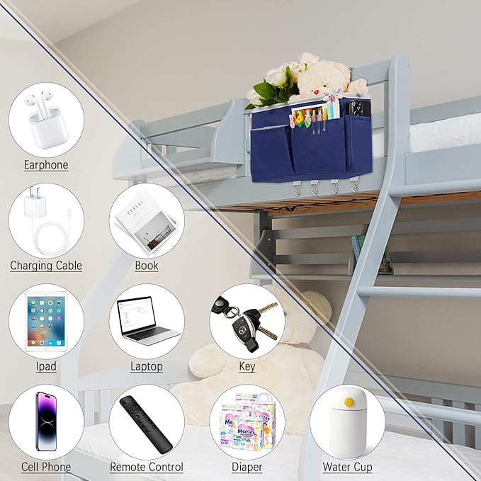 Bedside Storage Organizer 5 Pockets with 4 Hooks Hanging Storage Bag for Headboards/Bunk Bed (Dark Blue)