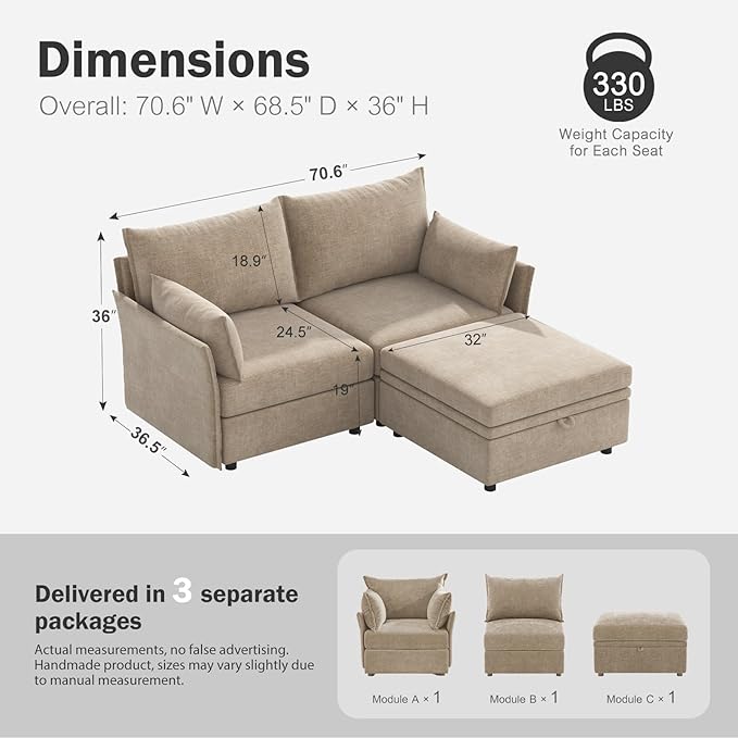 ABCASA Luxury Modular Sectional Sofa, L-Shaped 3-Seat Couch with Storage Ottoman Deep Seat & Reversible Chaise Lounge Chenille Beige for Compact Spaces, Apartments, Dorm