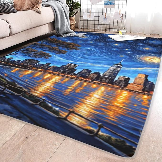 Machine Washable 5' x 8' Oil Painting-Style Area Rug, Bule Floor mat, Suitable for bedrooms, Girls' Room Bedside, Living Room, Dining Room, Office, Non-Slip Low-Pile Stars and Swirls Carpet