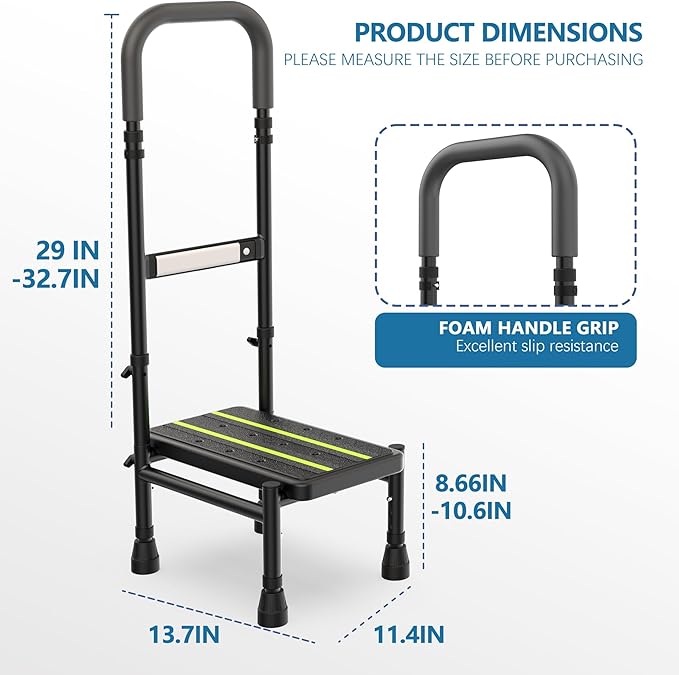 Packve Step Stool with Handle for Elderly, Adjustable Handrail & Leg, Sensor Light, Medical Stepping Stools for High Bed Mobility & Daily Living Aids, Bedside Car Stair Lift for Senior Adults 350lbs
